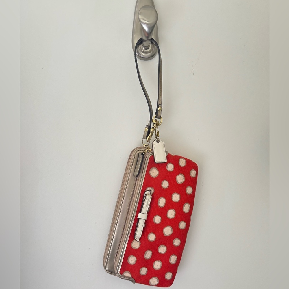 Vintage Coach - Red Polka Dot Wristlet with Beige & White Accents